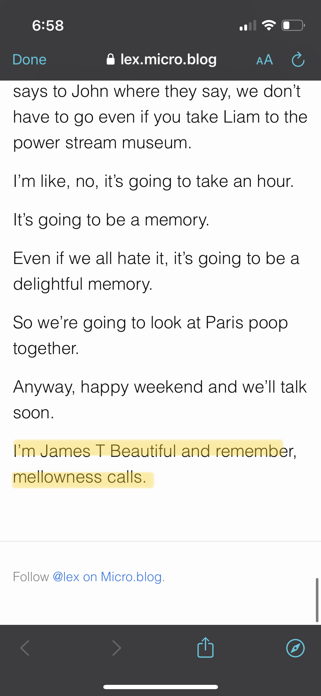 A screenshot of the transcript ending with “I'm James T Beautiful and remember, mellowness calls.”