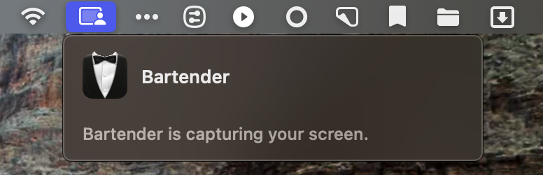 Purple screen capture menu bar icon active saying Bartender is capturing my screen.