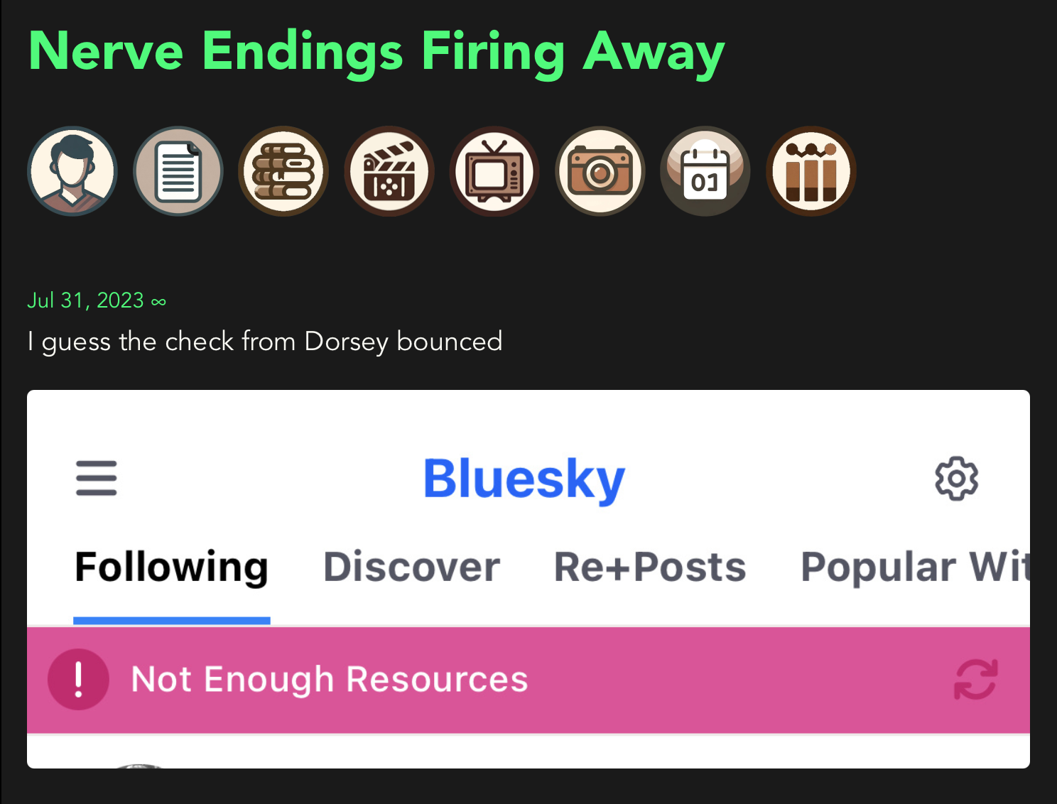 Interface displays an error message, “Not enough resources,” in a pink banner on a social media app screen named “Bluesky,” below user icons and the phrase, “Nerve Endings Firing Away.”