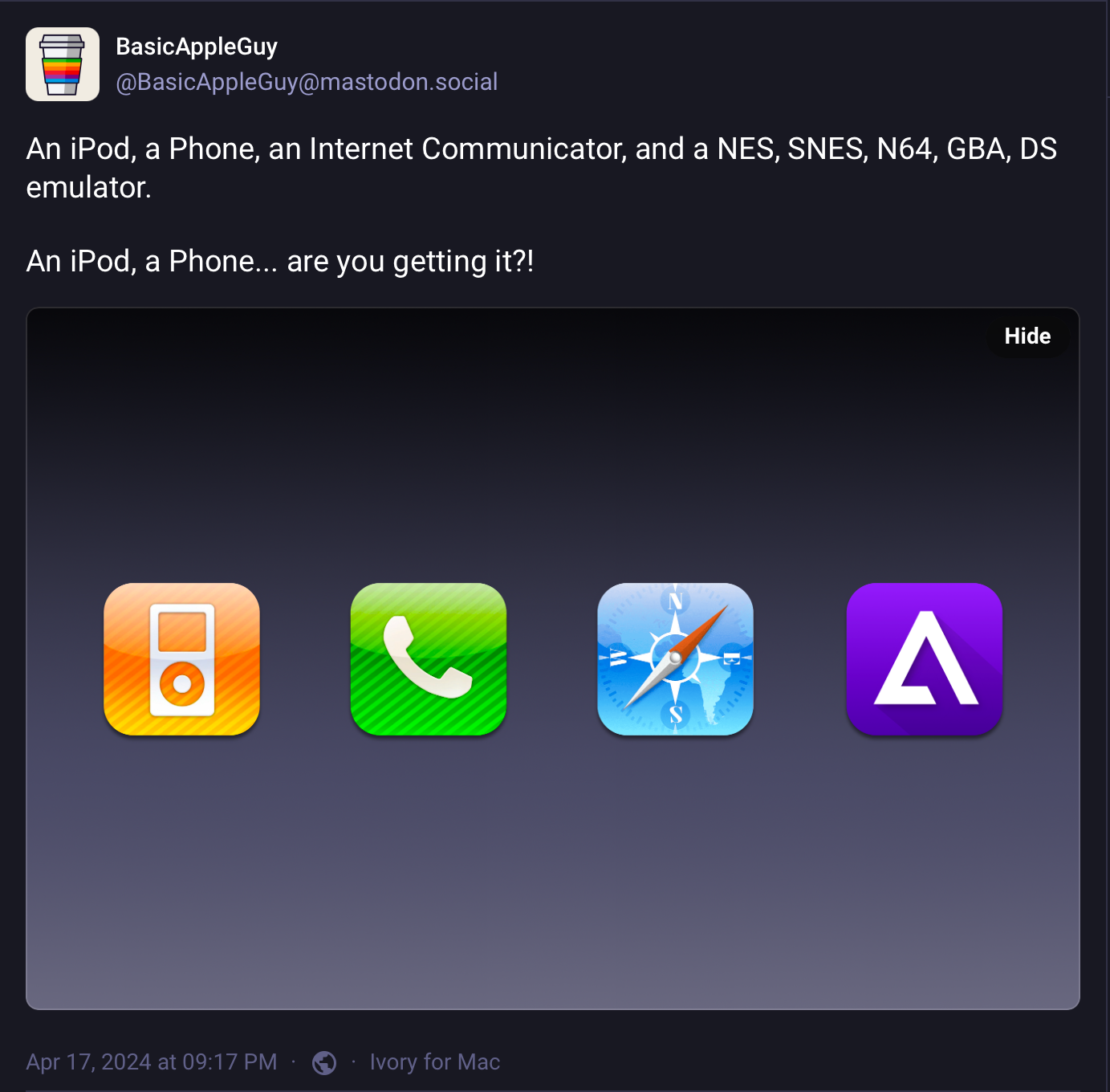 Icons of an iPod, phone, browser, and emulator are displayed horizontally on a dark gradient background. Text above reads: “An iPod, a Phone, an Internet Communicator, and a NES, SNES, N64, GBA, DS emulator. An iPod, a Phone… are you getting it?!”