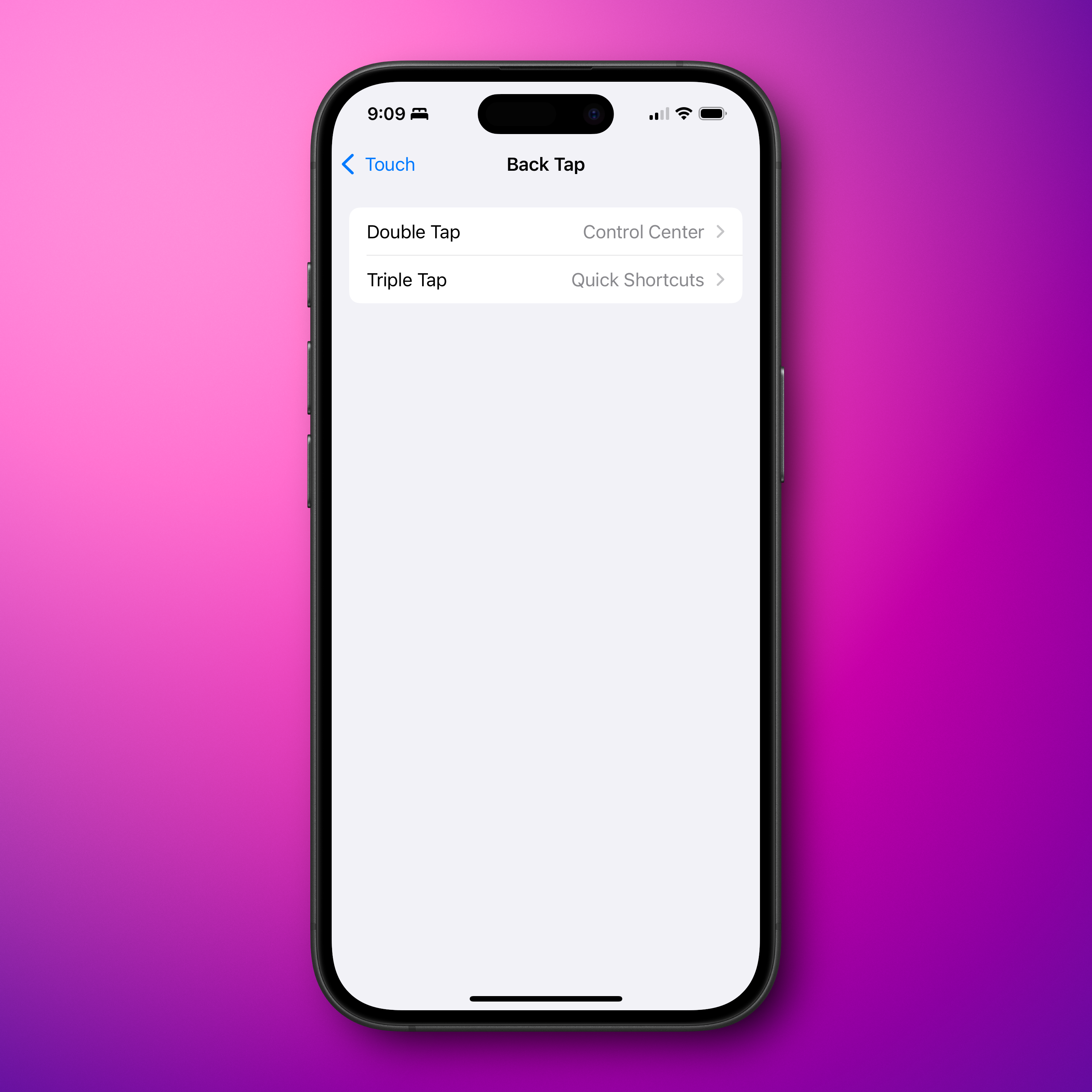 A smartphone screen shows the "Back Tap" settings with options: "Double Tap" for "Control Center" and "Triple Tap" for "Quick Shortcuts." The background is a gradient of pink and purple.