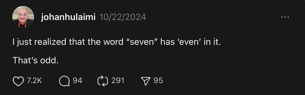 A social media post by “johanhulaimi” dated 10/22/2024 humorously notes that the word “seven” contains “even.” It concludes with “That’s odd.” The post has 7.2K likes and 94 comments.