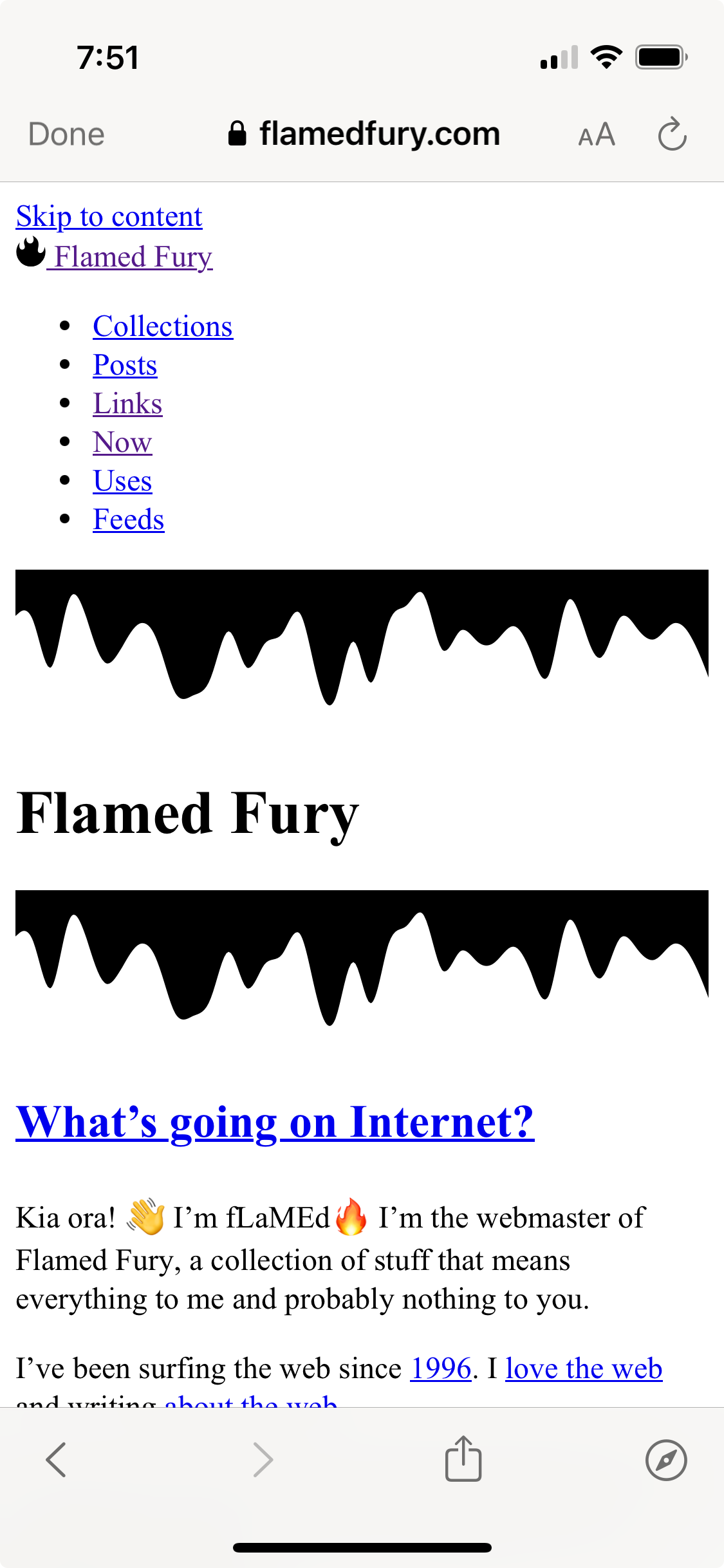 A mobile screen displays a website with a black-and-white wavy header. Blue text reads “What's going on Internet?” Below, a greeting “Kia ora!” introduces the site's webmaster and outlines his web activities since 1996.