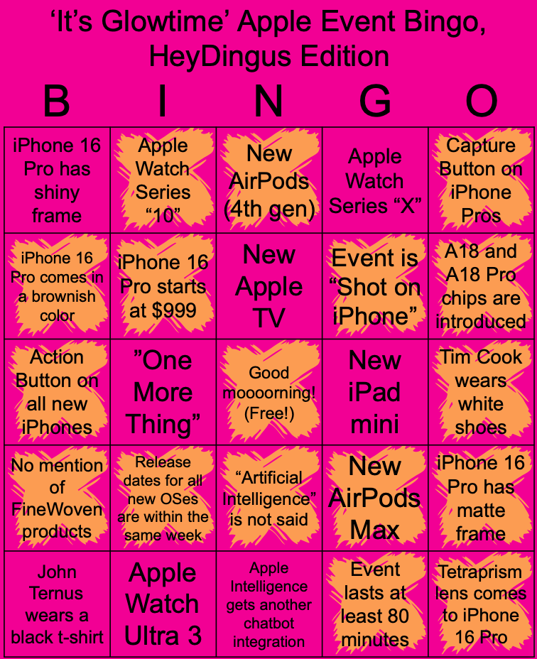 A bright pink Bingo board showing Apple Event predictions and a Bingo won both vertically and horizontally.