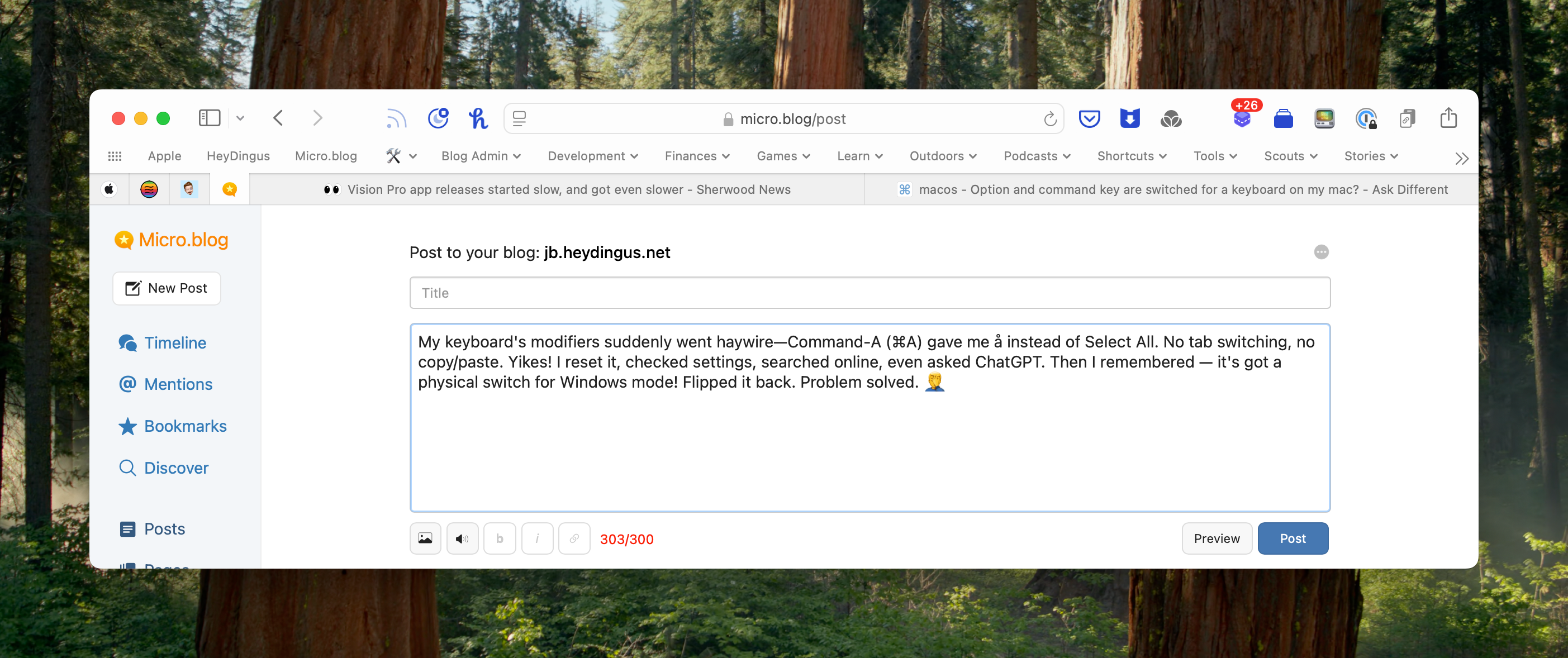 A computer screen displays a blog post editor on Micro.blog with 303/300 characters used. Text in the entry box describes keyboard modifier issues and their solution. The interface includes options like "Timeline" and "New Post" in a forest-themed background.
