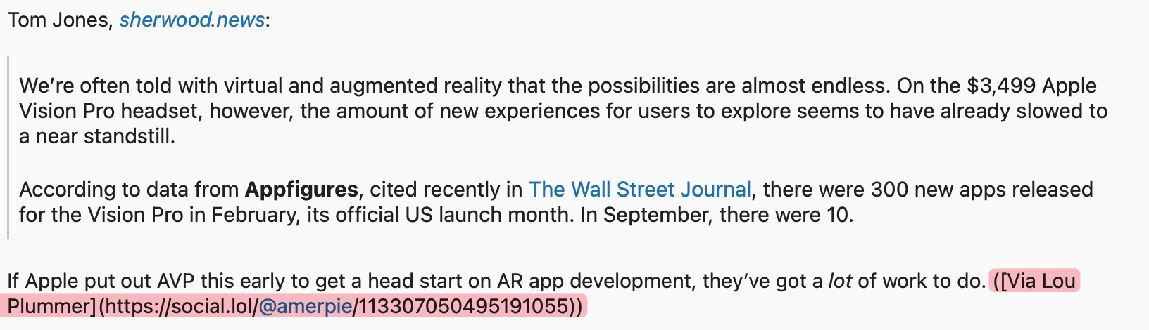 Text discusses a slowdown in new app releases for Apple's Vision Pro headset. Citing Appfigures and The Wall Street Journal, it notes a decrease from 300 apps in February to 10 in September.