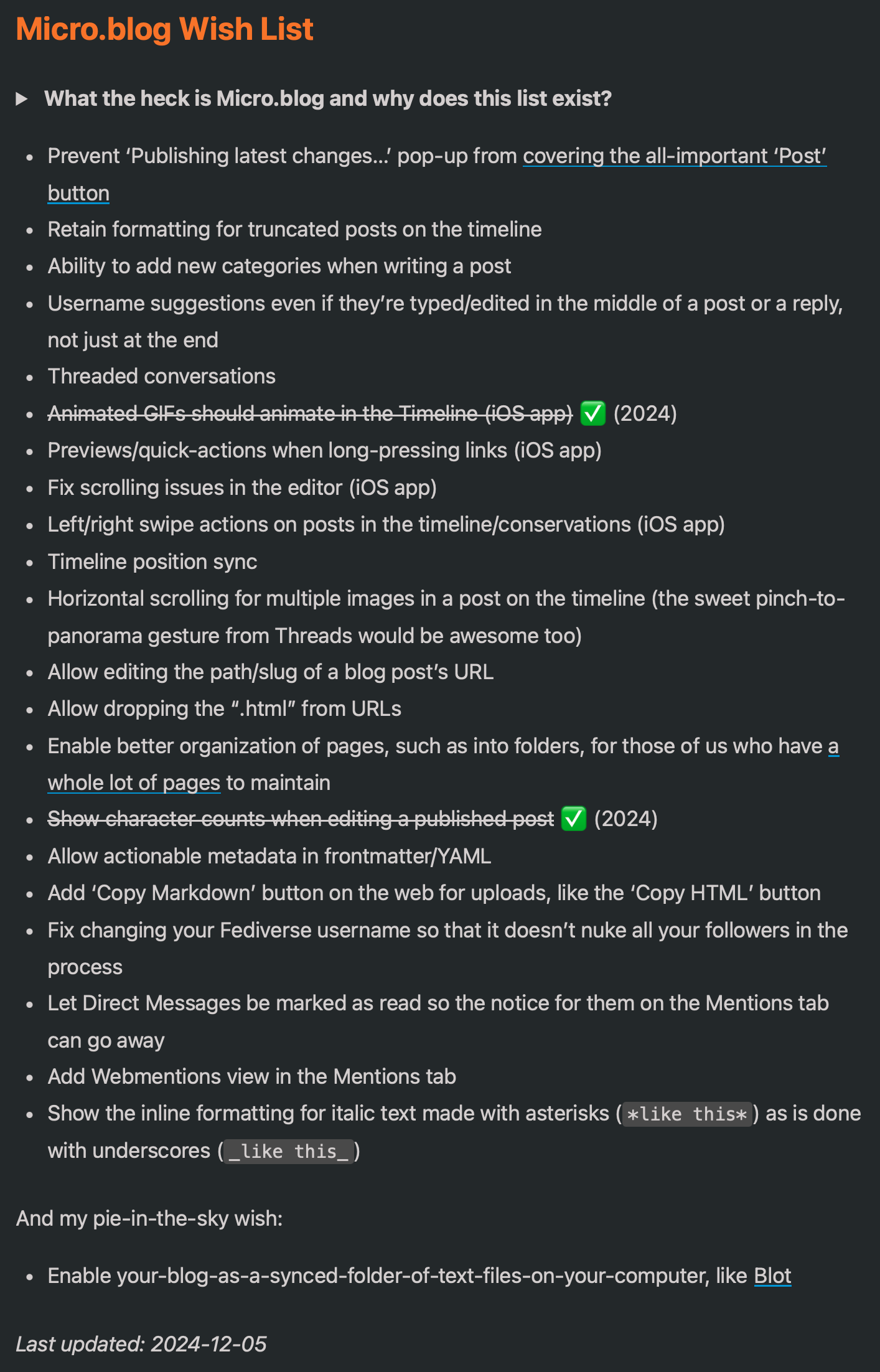 A "Micro.blog Wish List" contains requests for features like retaining post formatting, adding categories, enabling threaded conversations, and fixing app issues. It includes items like post URL editing and Markdown support. Last updated: 2024-12-05.