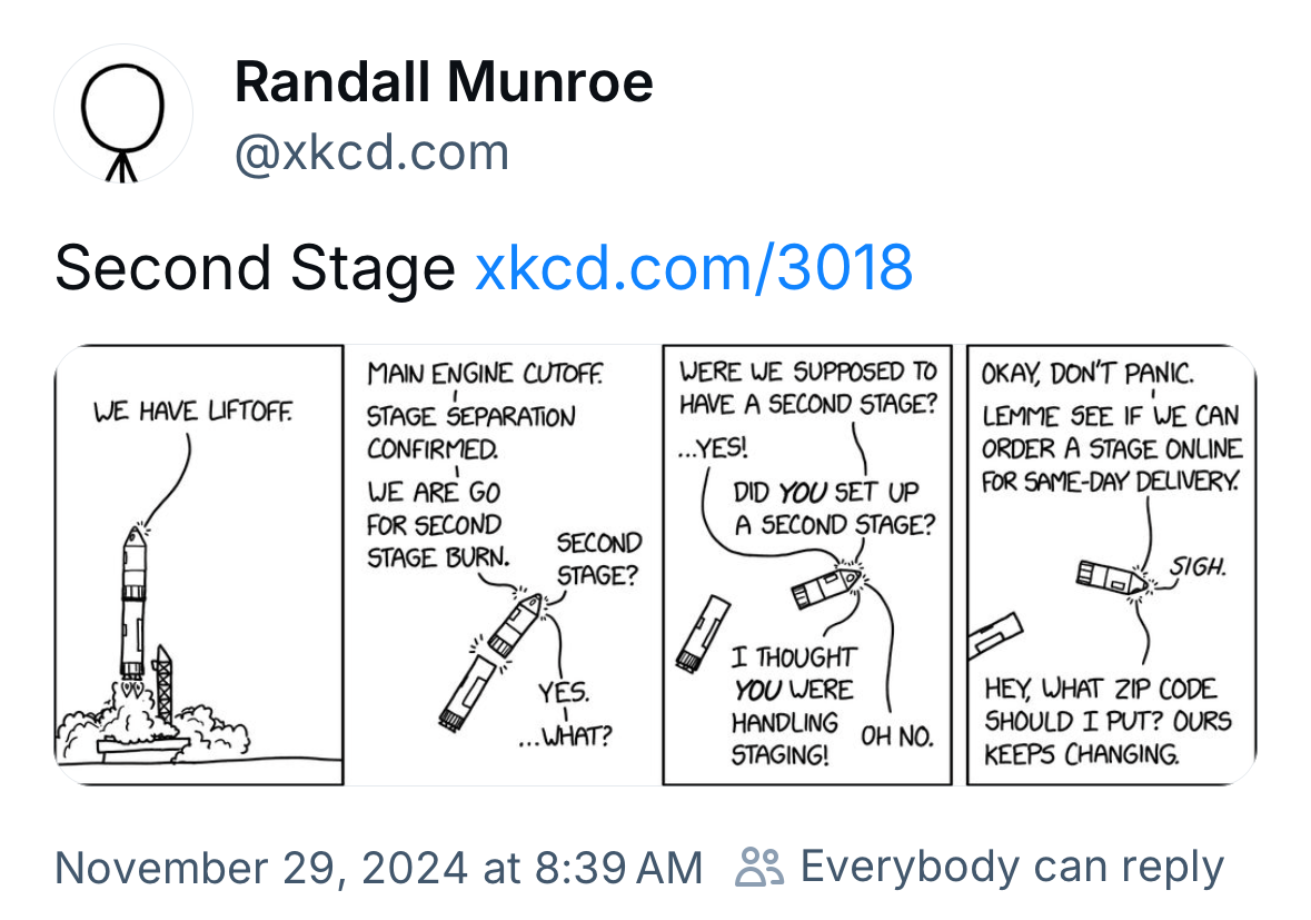 Comic strip depicts a rocket in four panels. Panel 1: Rocket launches with text “We have liftoff.” Panel 2: Rocket separates; text discusses second stage. Panel 3: Confusion about stage setup. Panel 4: Joke about ordering a replacement stage for delivery.