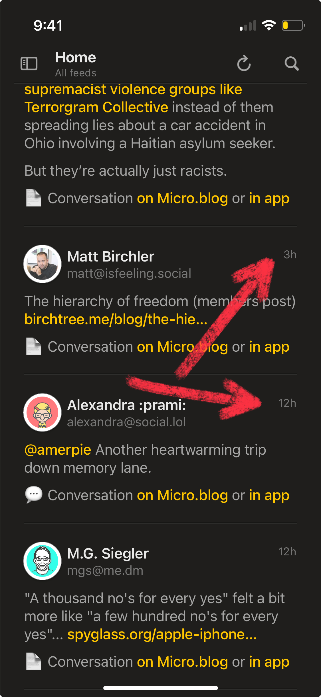 A smartphone screen shows a social media feed with posts from multiple users in chronological order, each containing profile pictures, usernames, and snippets of text. A large red arrow points between posts by Matt Birchler and Alexandra.