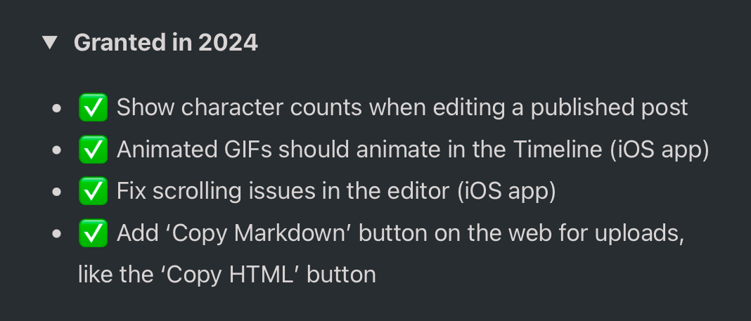 A list titled "Granted in 2024" features checkmarks beside requests, including character counts in posts, animated GIFs, scrolling fixes in iOS, and a 'Copy Markdown' button for web uploads.