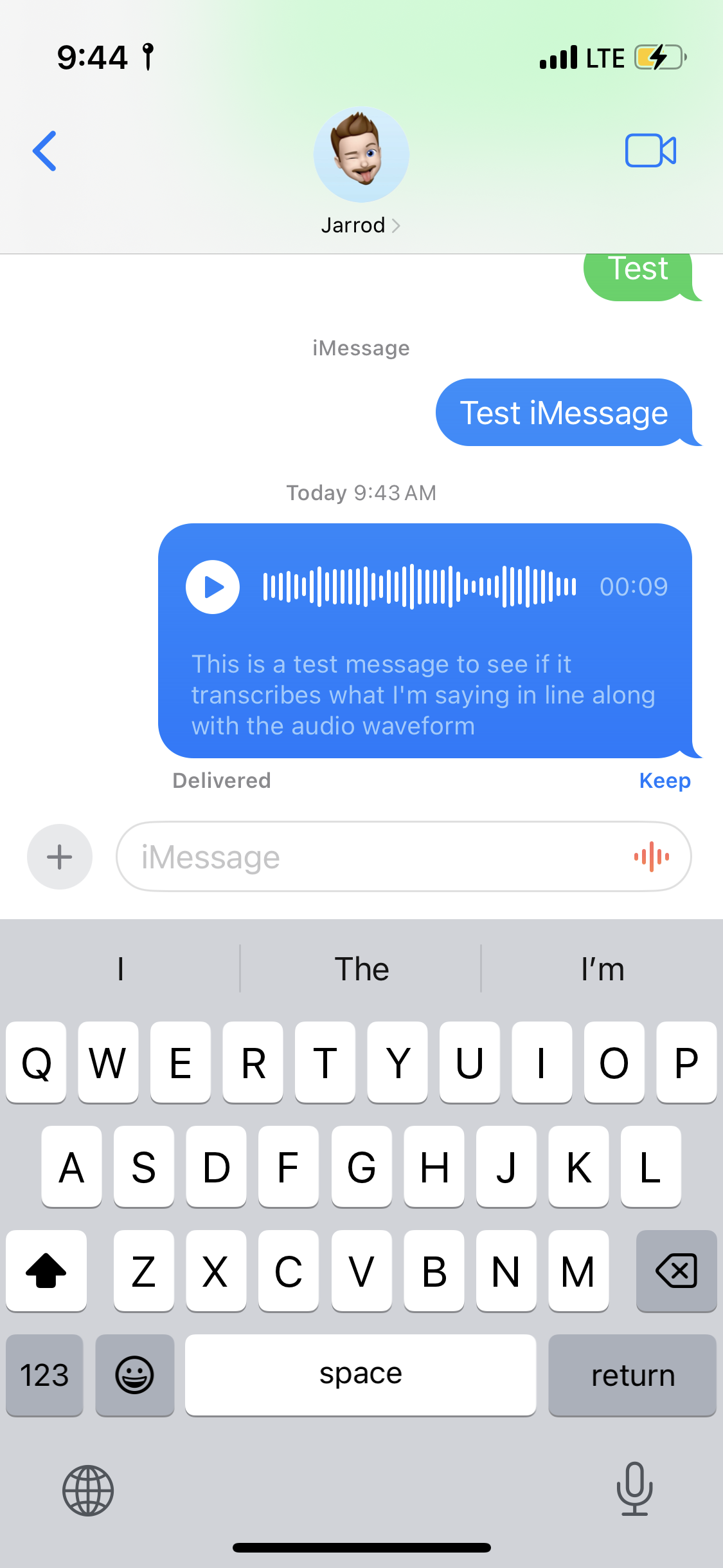 A smartphone screen displays a text messaging app with an audio message transcript: "This is a test message to see if it transcribes what I'm saying in line along with the audio waveform" with a blue play button.