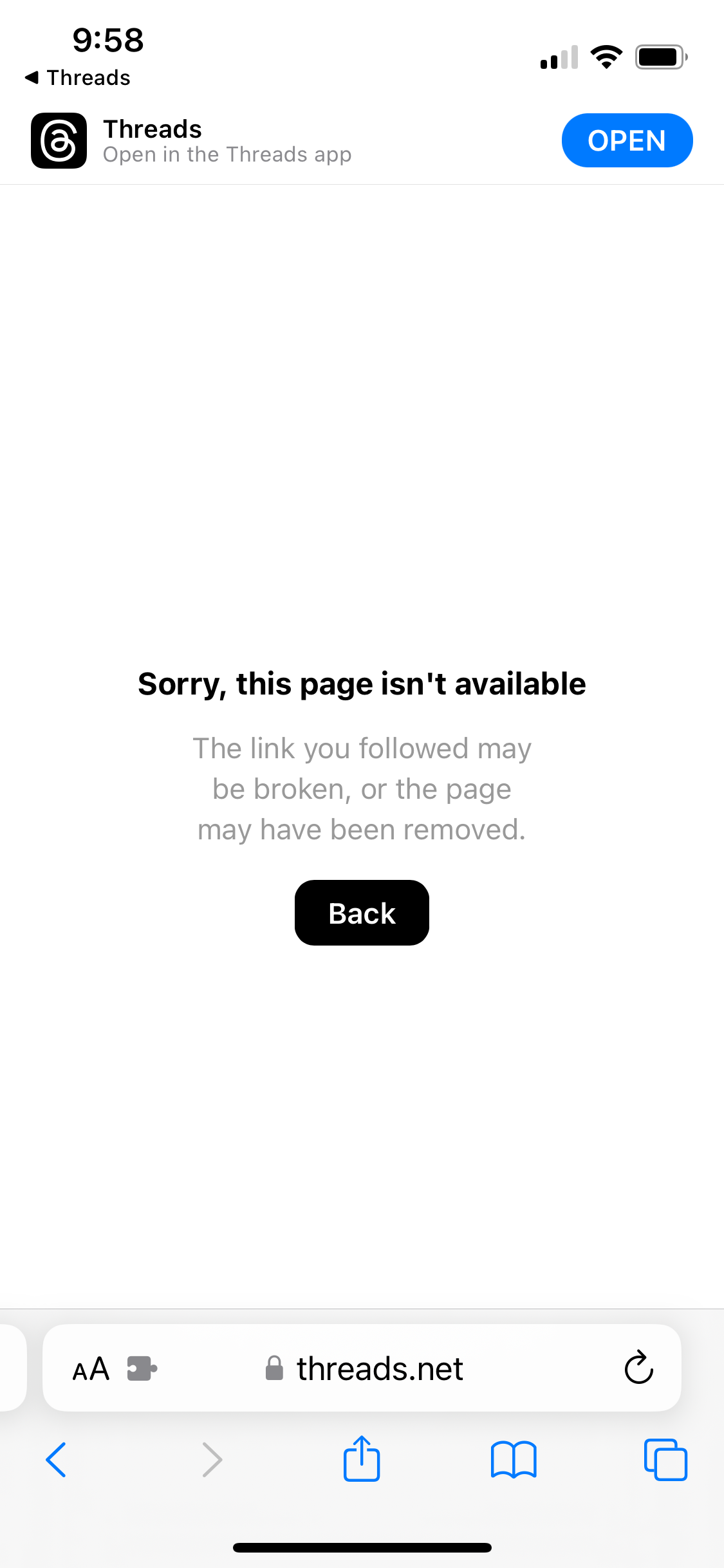 Error message displayed on a phone screen, stating "Sorry, this page isn't available" with options to go back and link to Threads app; URL “threads.net” is visible.