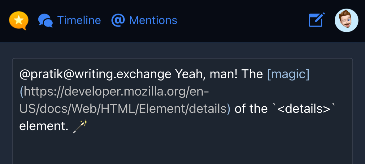 A message box shows a username mentioning another user, discussing HTML details element, with a link to a Mozilla developer page. Icons for timeline and mentions are at the top.