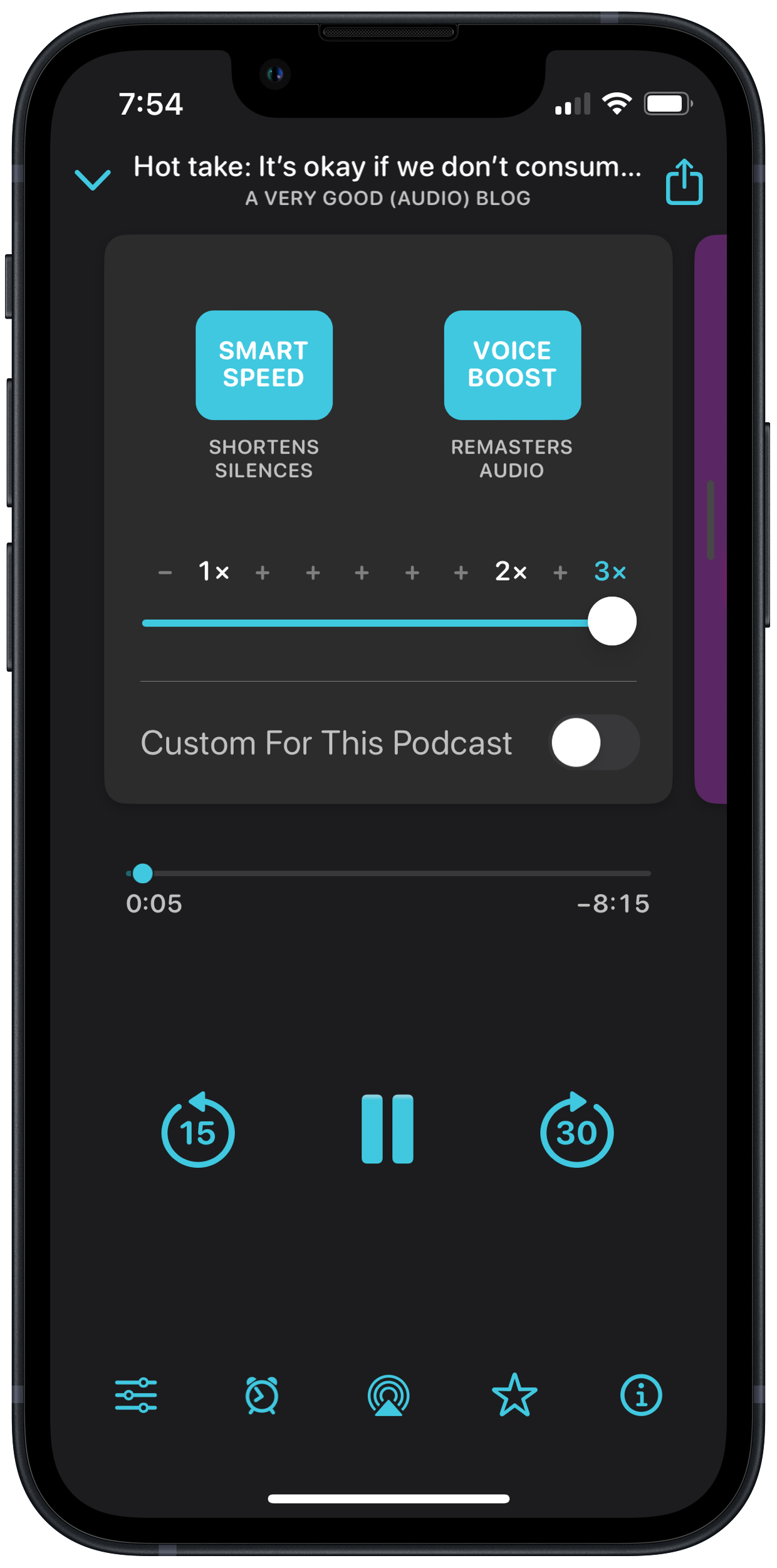 A smartphone screen showing a podcast player app with insanely speedy playback speed and settings like "Smart Speed" and "Voice Boost" enabled. The episode title is "Hot take: It's okay if we don't consum..." from "A VERY GOOD (AUDIO) BLOG."