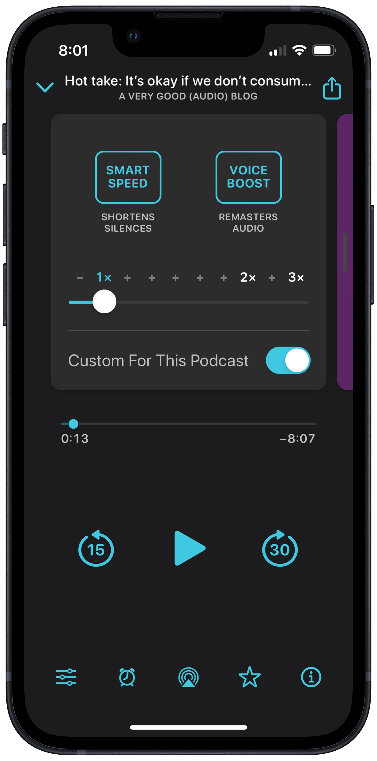 Smartphone screen displaying a podcast app interface with playback controls, with no adjustments enabled.