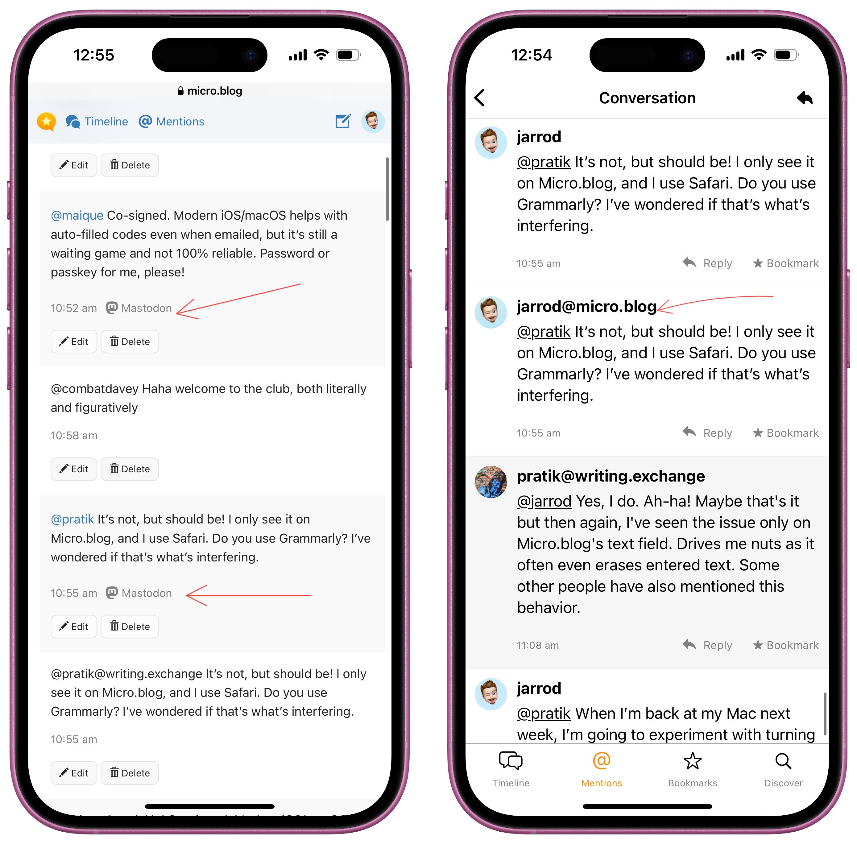 Two smartphone screens display a conversation on Micro.blog. Messages discuss issues with autofill codes and potential interference from Grammarly on Safari. Users mention Mastodon and consider solutions.