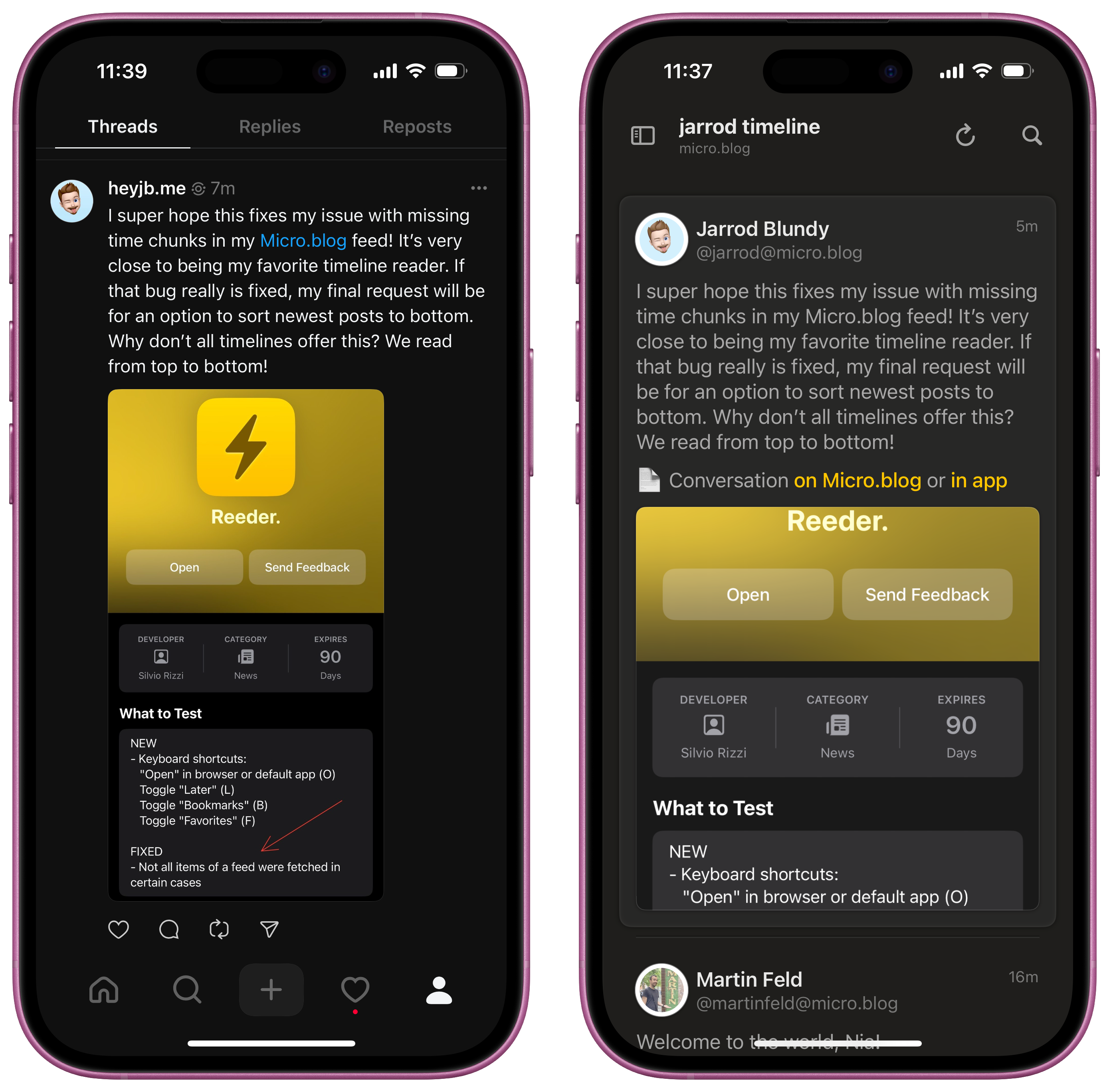 Two smartphone screens display a social media post discussing the Reeder app update, featuring details about keyboard shortcuts and bug fixes. The Reeder app card includes options to "Open" and "Send Feedback."