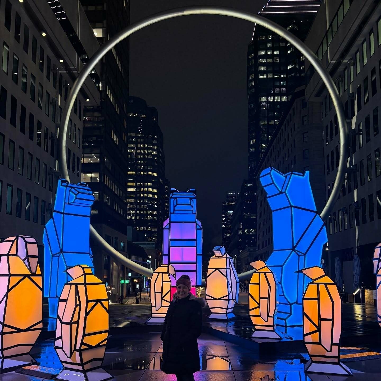 Colorful geometric animal sculptures stand illuminated at night surrounded by tall buildings. A person in winter clothing poses in front of the light display in an urban setting.