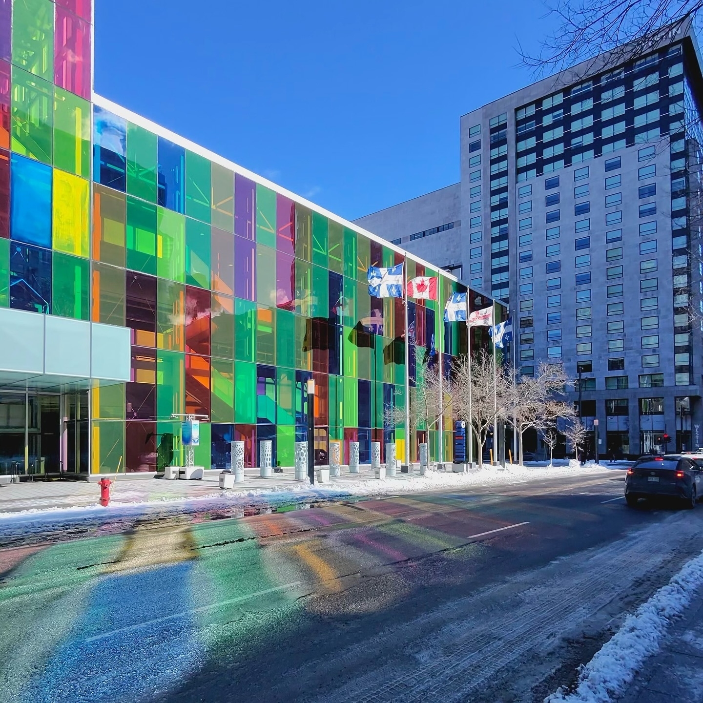 Colorful glass panels reflect vibrant patterns across a snowy urban street, with a modern building facade in the background. Flags flutter alongside bare trees under a clear blue sky.