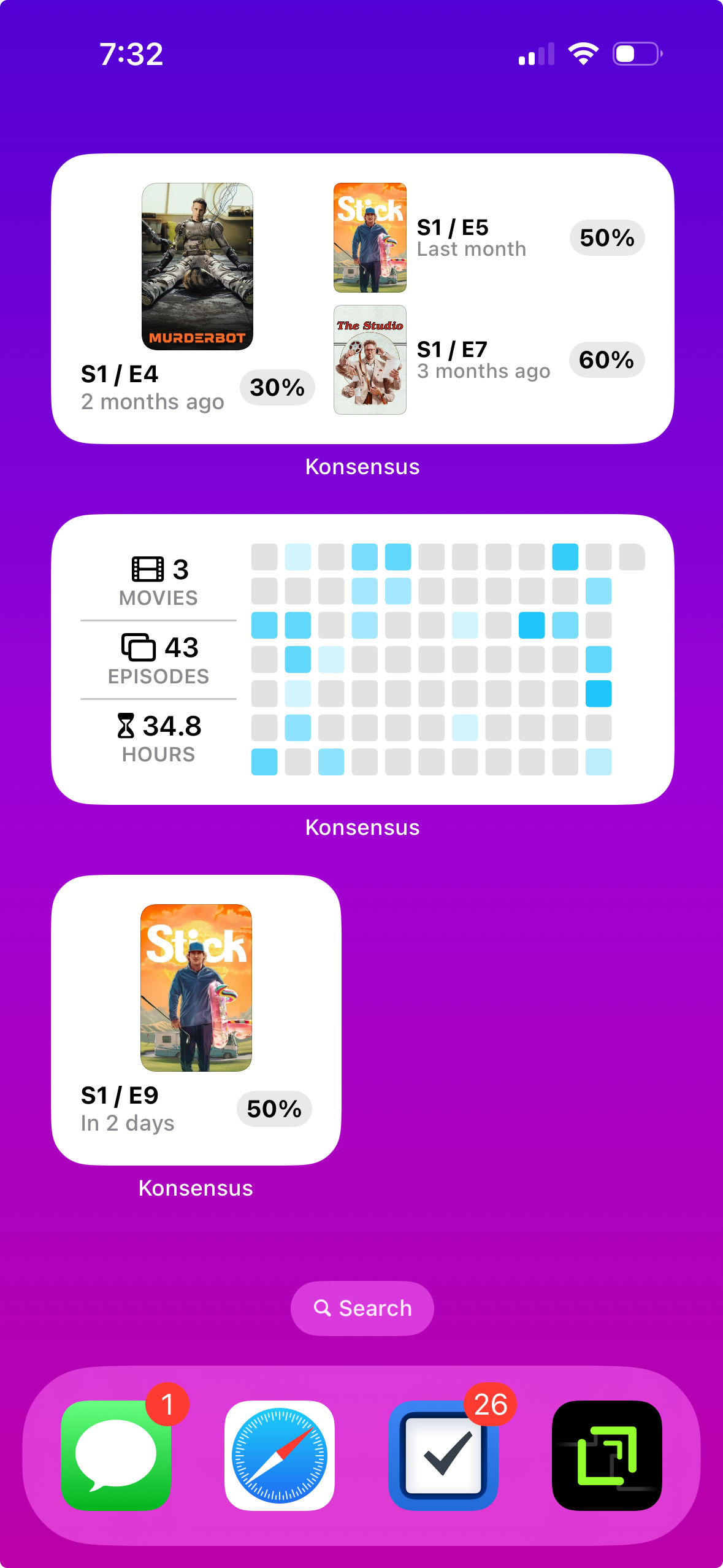 The image shows a digital interface on a purple background. It displays a summary of TV show episodes with visual progress bars. The top section indicates three shows: one at S1/E4 with 30% completion, another at S1/E5 with 50% completion, and a third at S1/E7 with 60% completion. Below is a viewing summary with 3 movies, 43 episodes, totaling 34.8 hours, represented by a grid of blue and gray squares. Below that is another series at S1/E9, 50% complete, due in 2 days. The bottom shows app icons for messaging, a browser, tasks, and another app. The time displayed is 7:32.