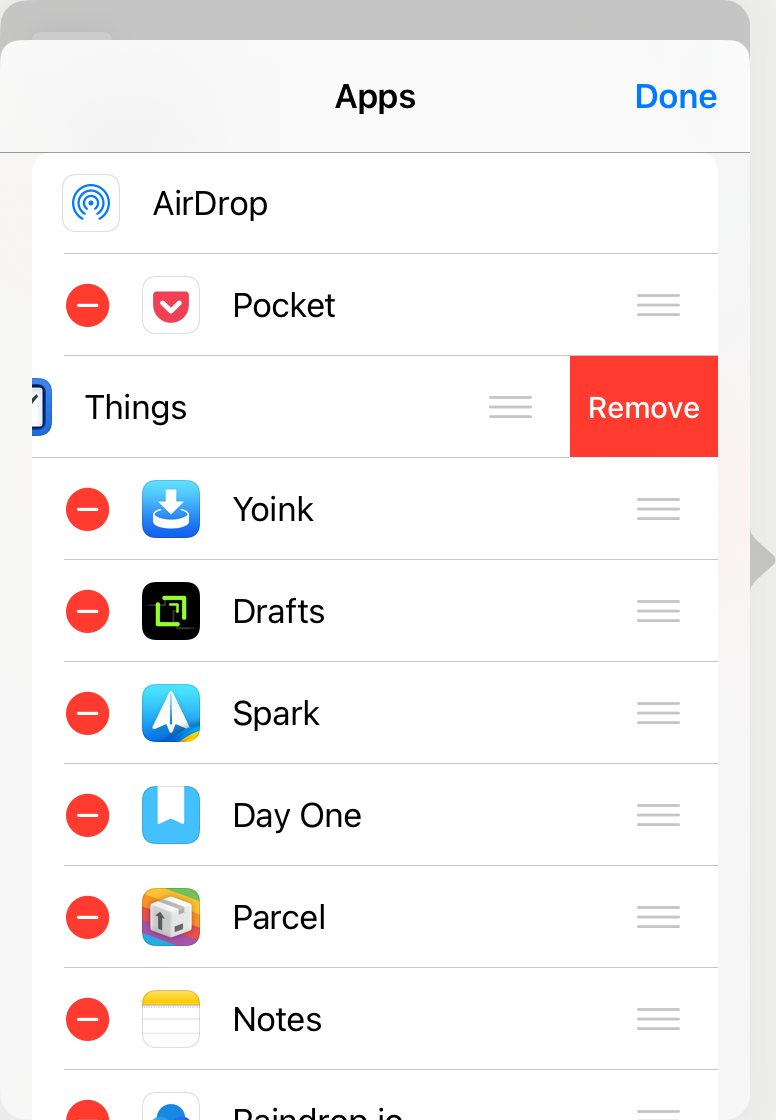 List of apps on a settings screen showing removal options, featuring apps like Pocket, Things, Yoink, and Drafts, with red minus icons for removal and a "Remove" button highlighted for Things.