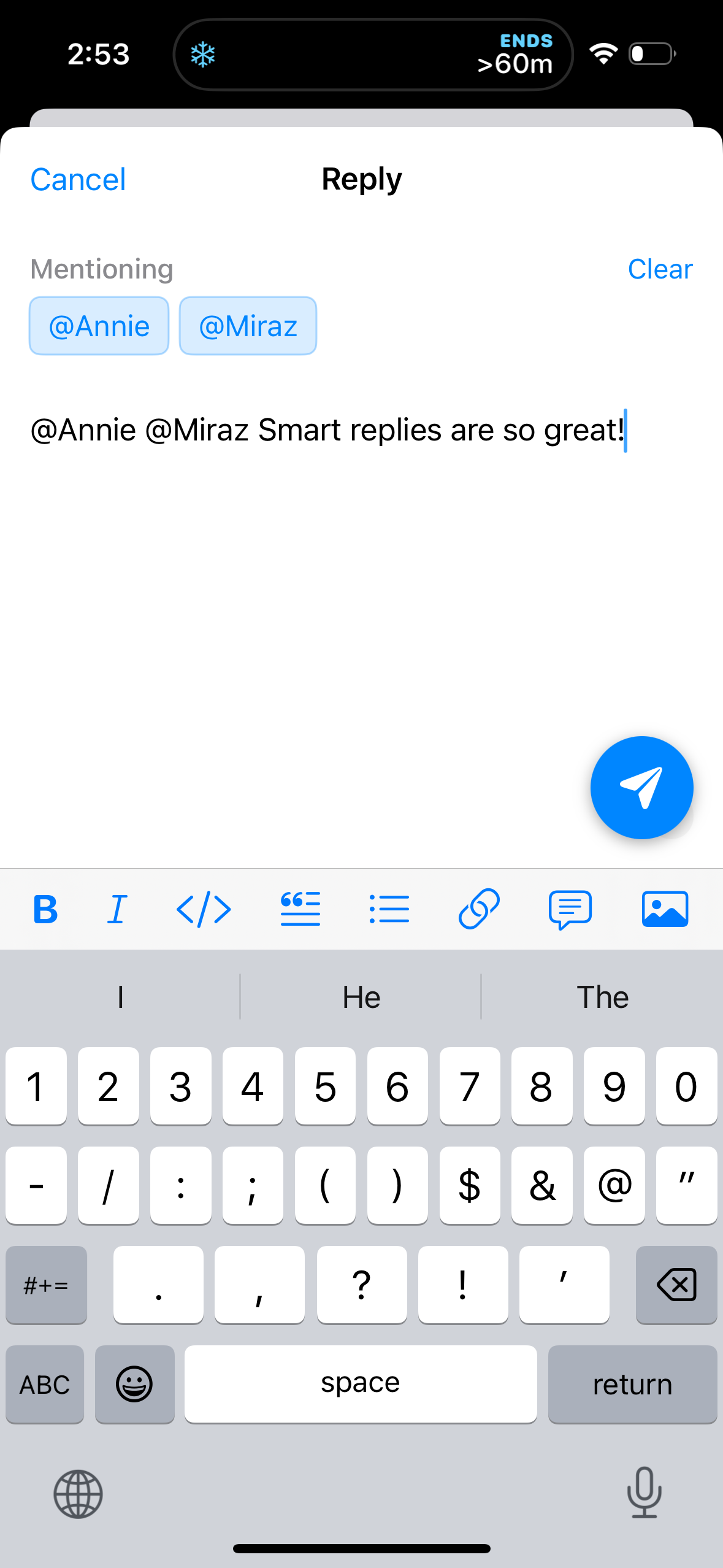 Phone screen displays a messaging app interface, typing a reply mentioning Annie and Miraz. Message says Smart replies are so great. Keyboard and send button at the bottom.