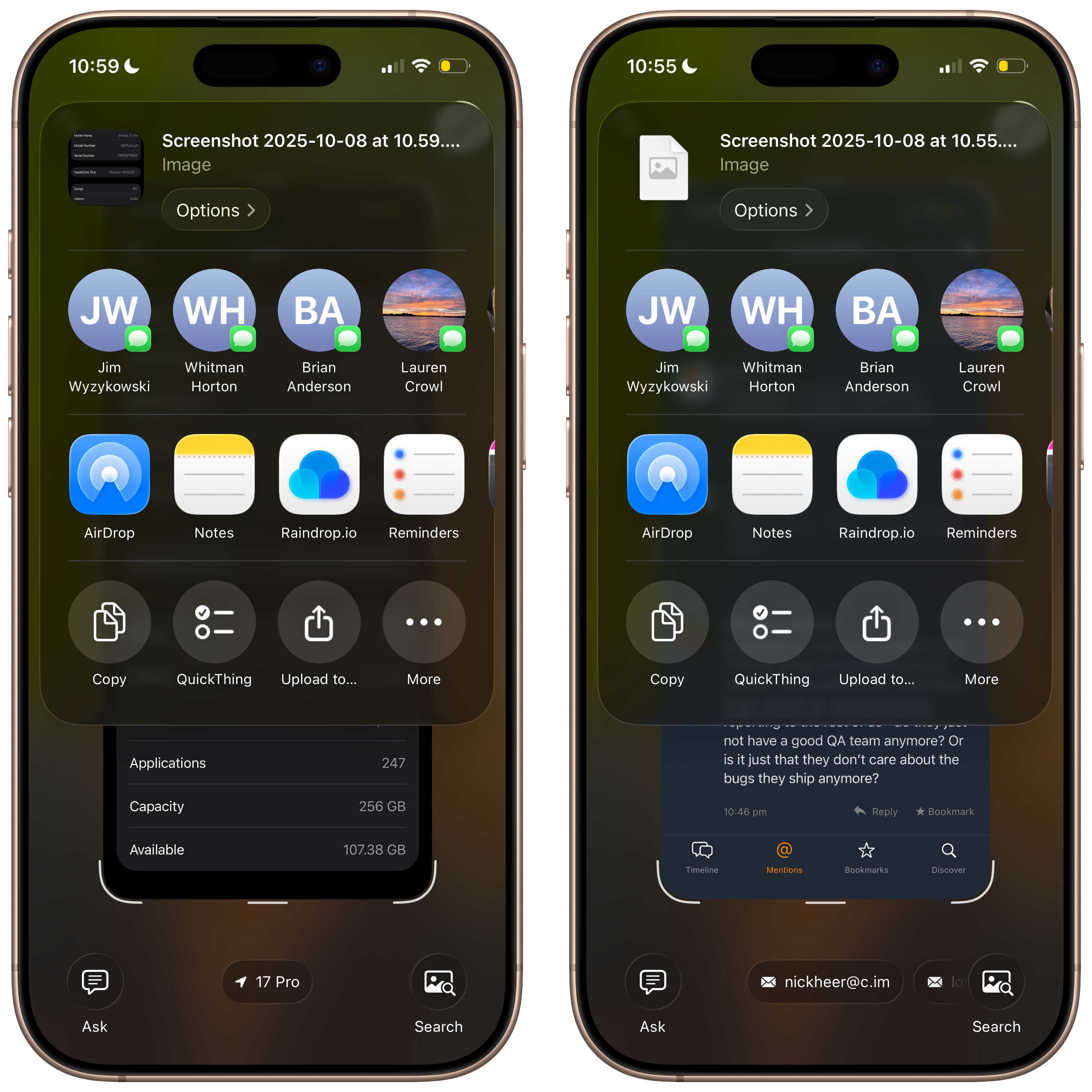 Two iPhones display the share options screen for a screenshot labeled “Screenshot 2025-10-08.” The top row includes contacts represented by icons and names. The second row shows app icons such as AirDrop, Notes, Raindrop.io, and Reminders. Options like “Copy” and “Upload to…” are visible at the bottom. The background shows partial app screens with some text visible.