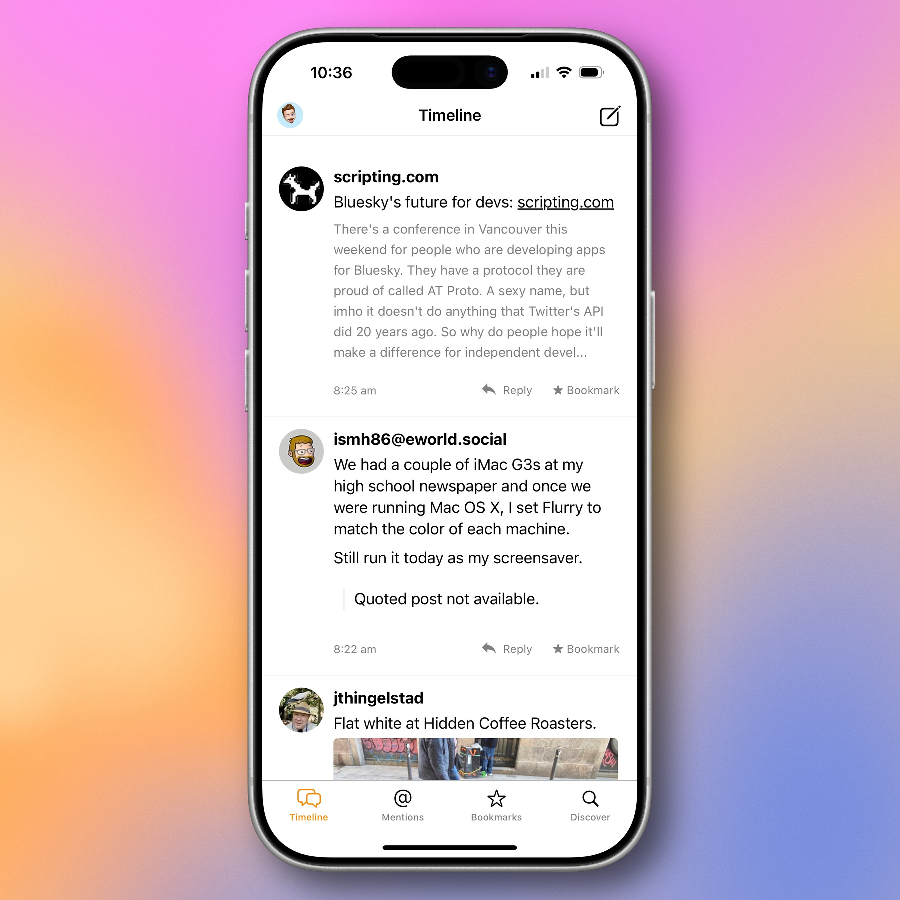 A smartphone screen showing a social media app interface with a “Timeline” tab active. Three posts are visible. The first post is annotated with an arrow pointing to it and has a title and link with excerpt text, smaller, below it. The background is a gradient of pink, orange, and purple.