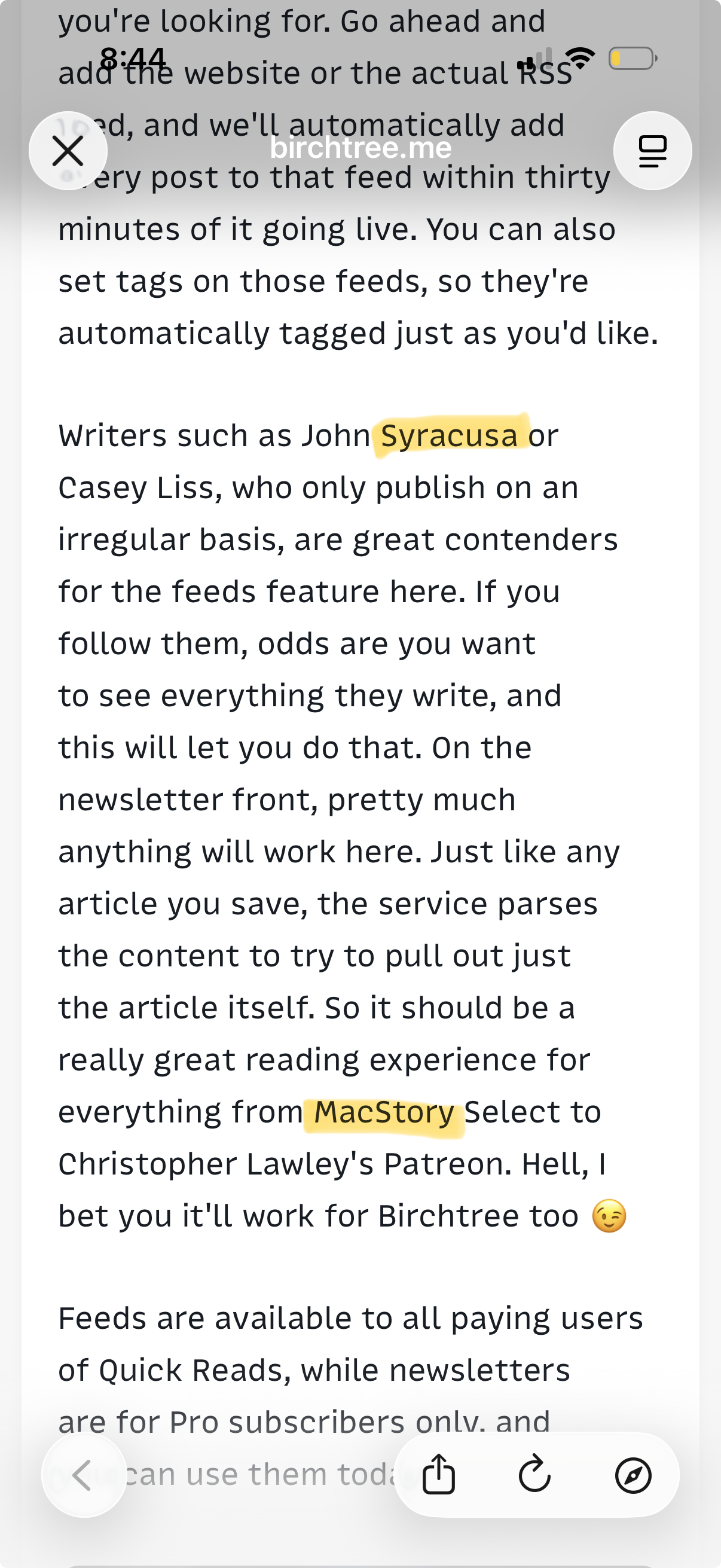 A smartphone screenshot displaying text from a website, birchtree.me, with a focus on RSS feeds. Mentioned authors include John Siracusa and Casey Liss, highlighting their irregular publication as suitable for the feeds feature. Text discusses the convenience of following these writers and using newsletters. The phrase “MacStory Select” is highlighted, and there are icons for closing, sharing, and options at the bottom of the screen. An emoji with a winking face is present near the end.