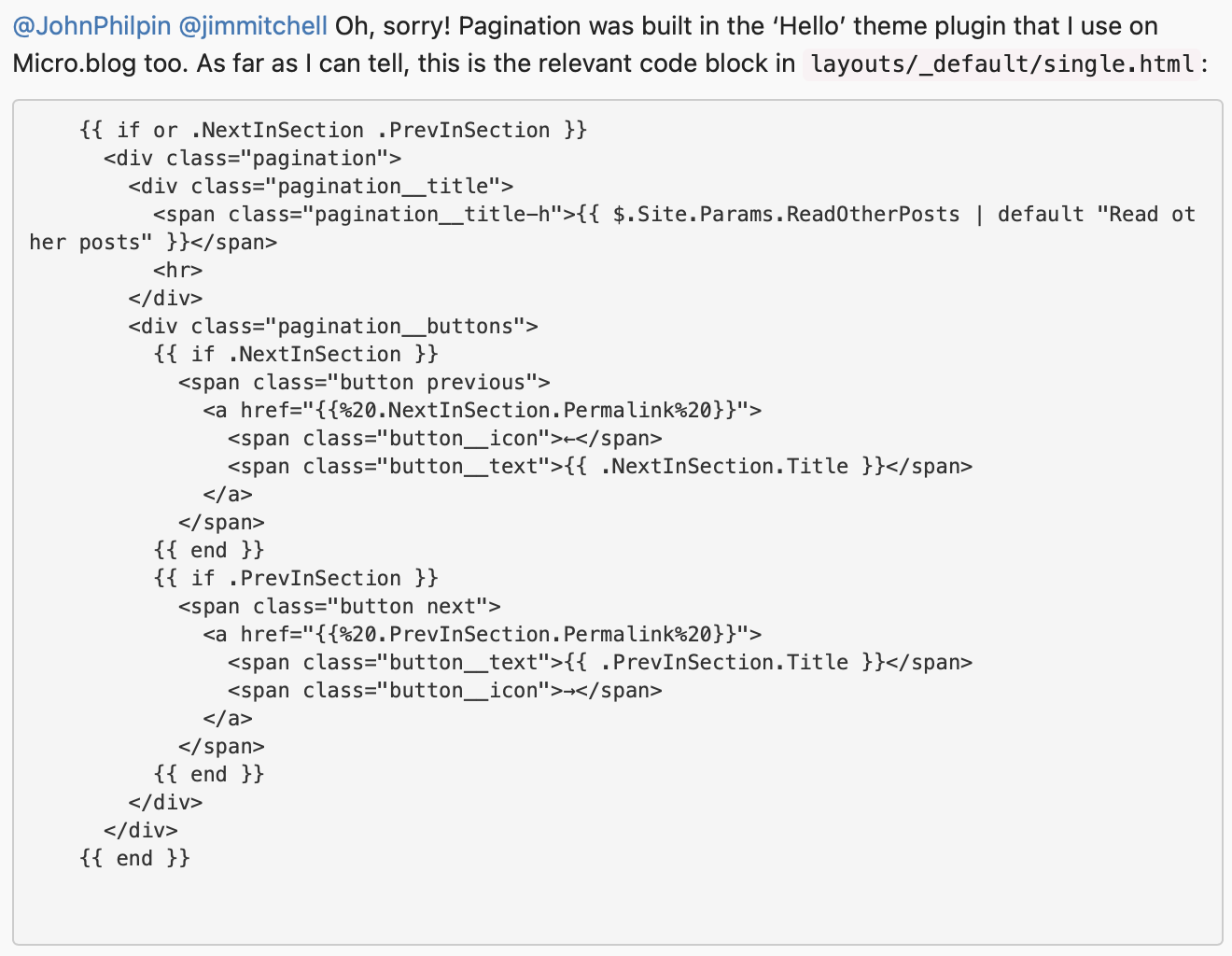 Screenshot of a tweet discussing pagination in a theme plugin on Micro.blog. Below the tweet, a code snippet is displayed, showing HTML and template code for pagination, with classes like “pagination__title” and “button previous.” The code checks for next and previous sections, creating links for navigation.