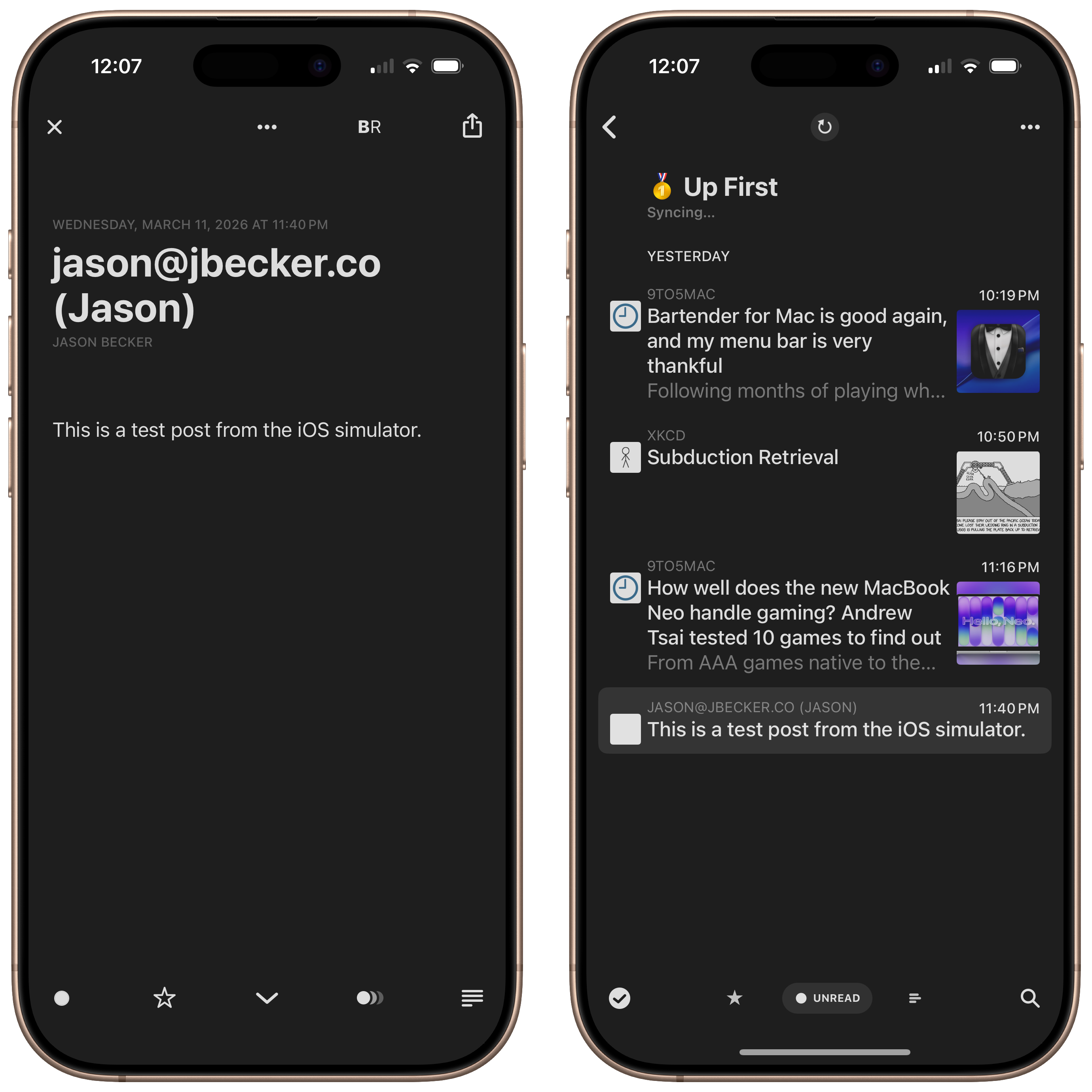 Two side-by-side smartphone screens display a dark-themed RSS application.